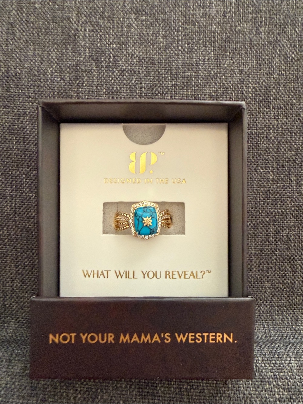 bp Gold-Tone Ring with Turquoise Stone and Crystal Halo